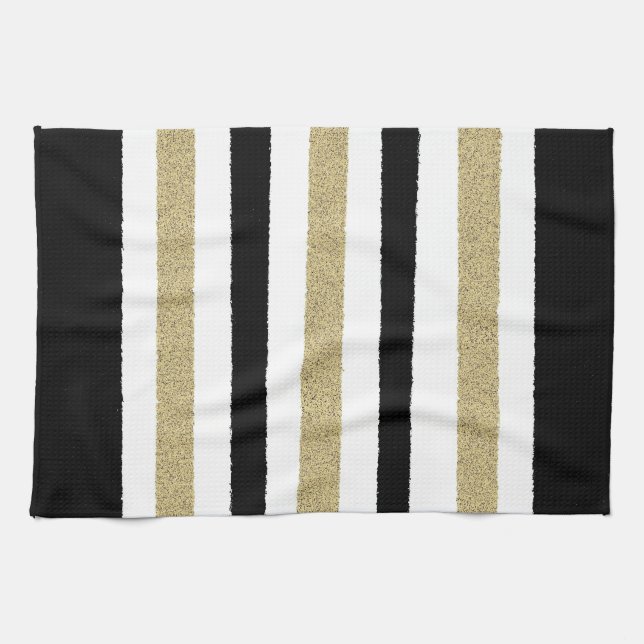 Black / Gold / White Paper Stripes Tea Towel (Horizontal)