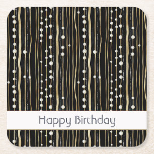Black Gold White Pearls Birthday Square Paper Coaster
