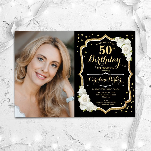Black Gold White Photo 50th Birthday Invitation (Creator Uploaded)