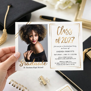 Black Gold White Photo Graduation Invitation