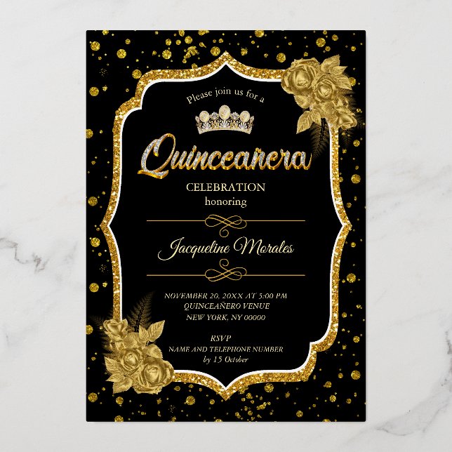 Black Gold & White Quinceañera Birthday Invitation (Front)