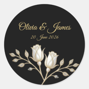 Black Gold White Rose Luxury Elegant Formal Classic Round Sticker
