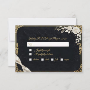 Black Gold White Rose Luxury Elegant Formal RSVP Card