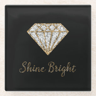 Black Gold White Sparkle Diamond Glass Coaster