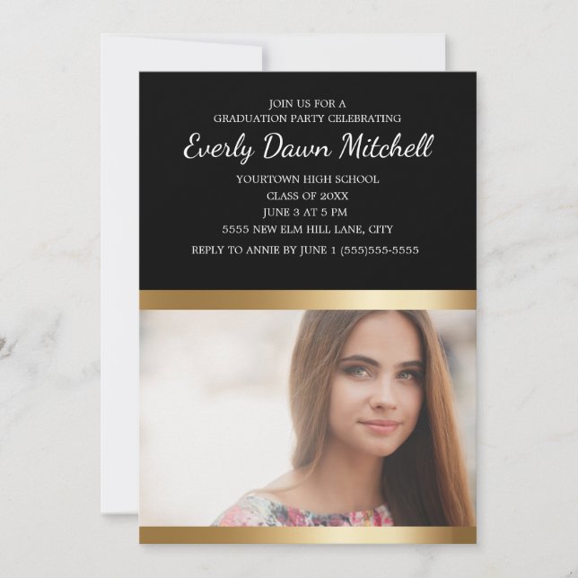 Black Gold White Stripe Graduation Party Save The Date (Front)