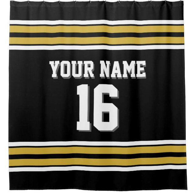Black Gold White Stripes Sports Jersey Shower Curtain (Front)