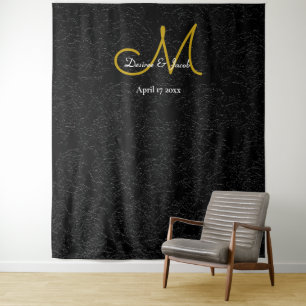 Black Gold White Wedding Monogram Photo Booth Tapestry