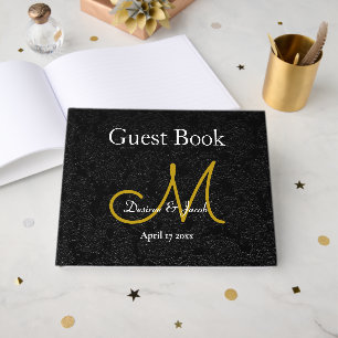 Black Gold White Wedding Reception Monogram Guest Book
