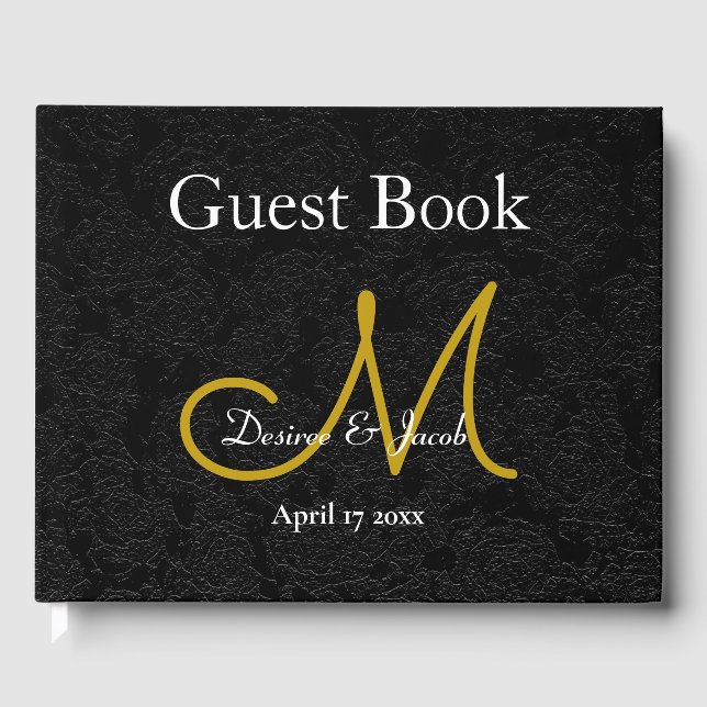 Black Gold White Wedding Reception Monogram Guest Book (Front)