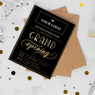 Black & Gold Wide Logo Grand Opening Foil Invitation Postcard