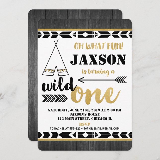Black gold Wild one 1st birthday invitations boy (Front/Back)