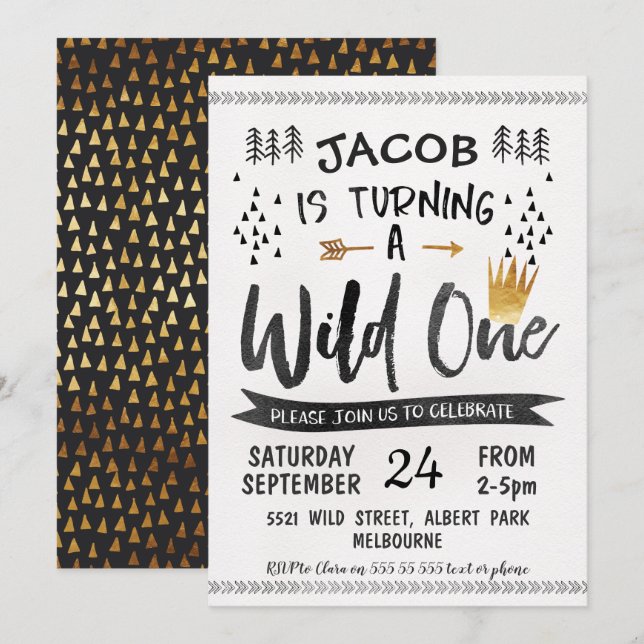 Black Gold Wild One Boys 1st Birthday Invitation (Front/Back)