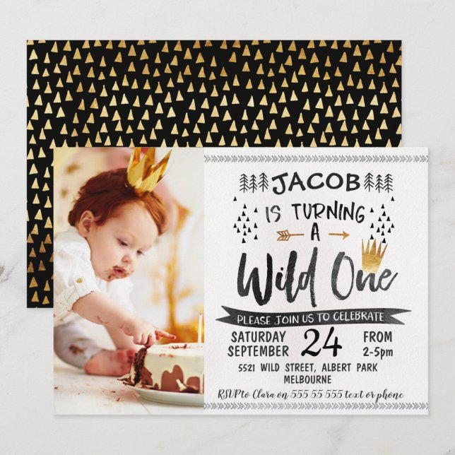 Black Gold Wild One Photo 1st Birthday Invitation (Front/Back)