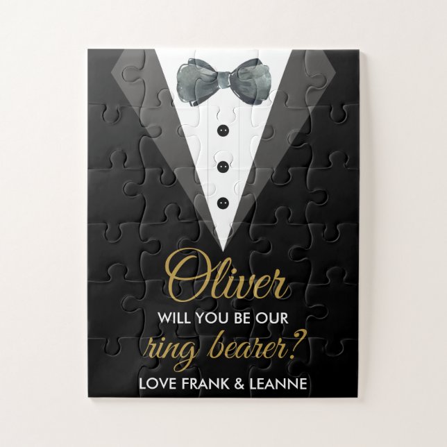 Black & Gold Will You Be Our Ring Bearer Proposal Jigsaw Puzzle (Vertical)