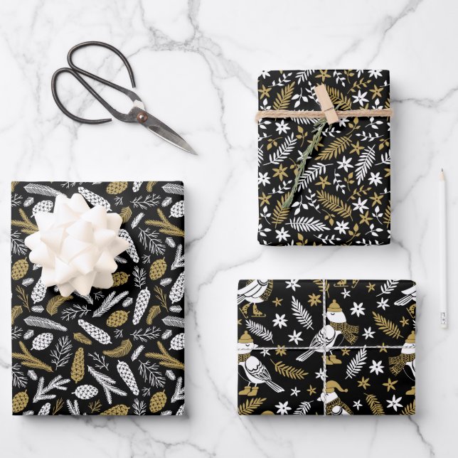 Black Gold Winter Botanicals Birds Christmas  Wrapping Paper Sheet (Front)