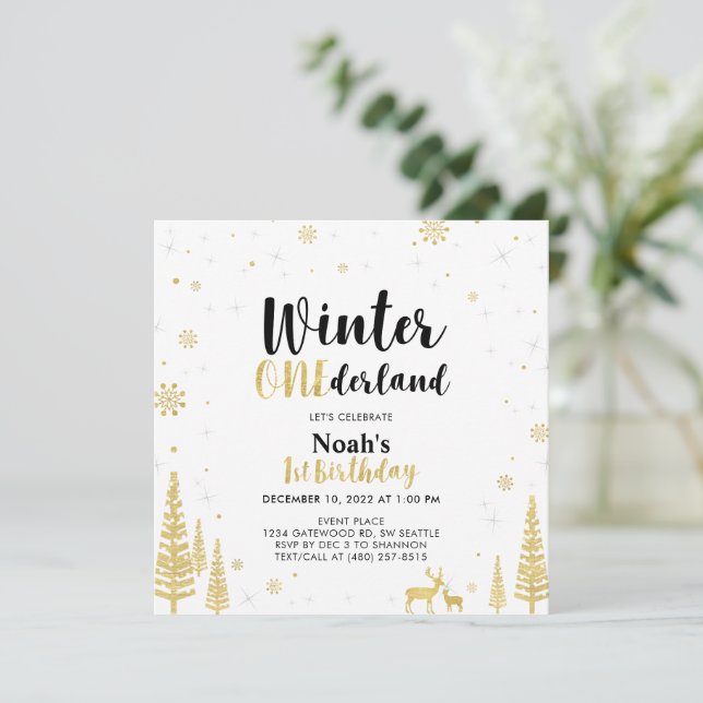 Black & Gold Winter Onederland 1st First Birthday Invitation (Standing Front)