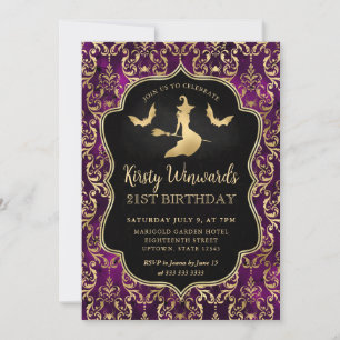 Black Gold Witch and Spiders Damask 21st Birthday Invitation