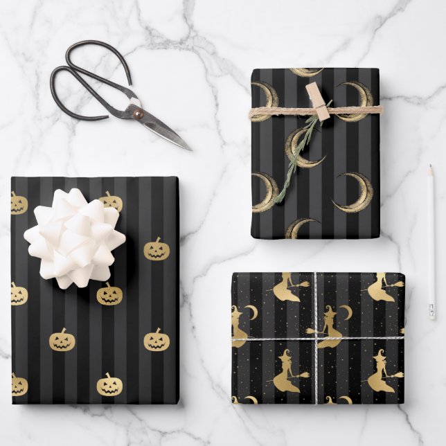 Black & Gold Witch, Moons & Pumpkins Halloween Wrapping Paper Sheet (Front)