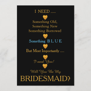 Black & Gold with Heart Will You Be my Bridesmaid Invitation
