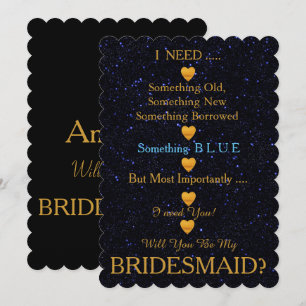 Black & Gold with Heart Will You Be my Bridesmaid  Invitation