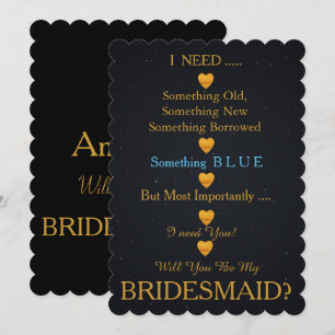 Black & Gold with Heart Will You Be my Bridesmaid  Invitation