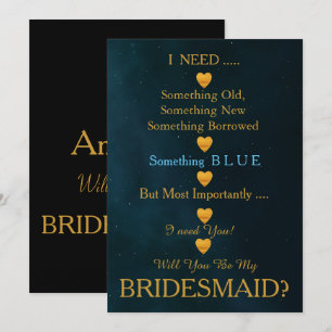 Black & Gold with Heart Will You Be my Bridesmaid  Invitation