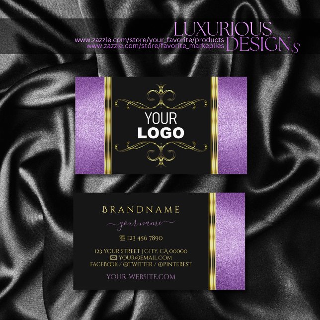 Black Gold with Purple Glitter Ornamental Add Logo Business Card (Creator Uploaded)
