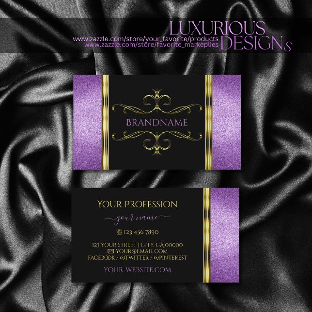 Black Gold with Purple Glitter Ornamental Ornate Business Card (Creator Uploaded)