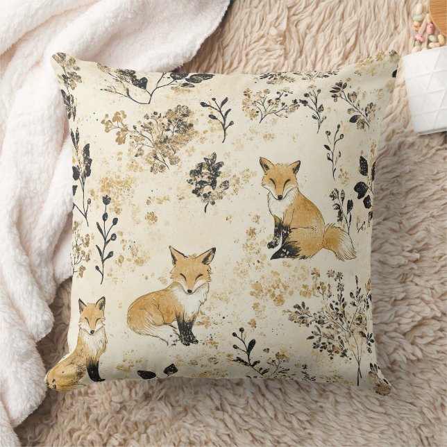 Black Gold Woodland Fox Floral Pattern Cushion (Blanket)