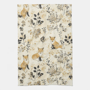 Black Gold Woodland Fox Floral Pattern Tea Towel