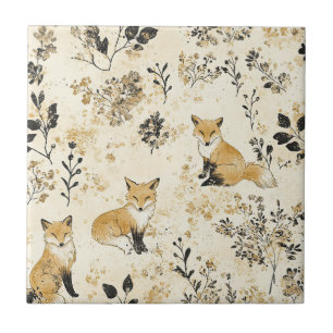 Black Gold Woodland Fox Floral Pattern Tile