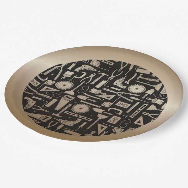 Black & Gold Workshop Tools Paper Plates (Angled)