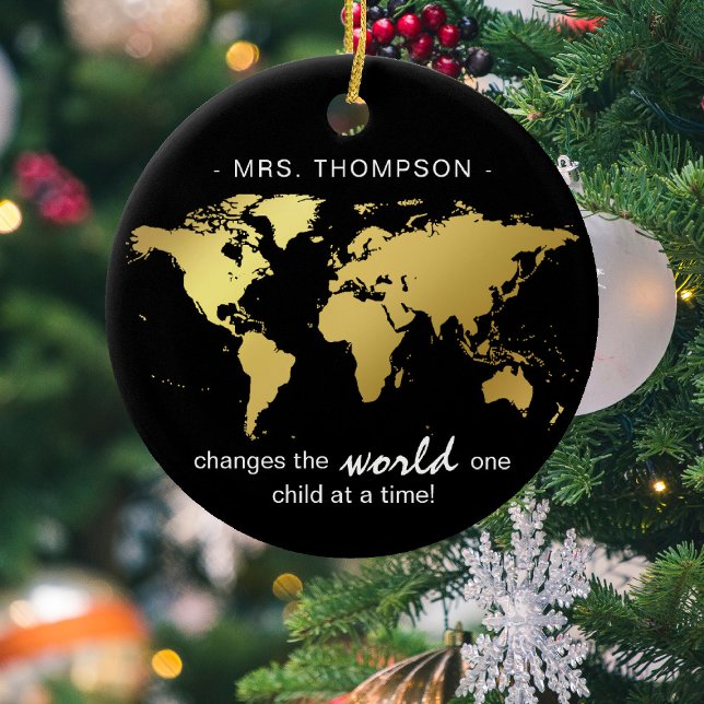 Black & Gold World Map Teachers Appreciation Ceramic Tree Decoration (Creator Uploaded)