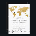 Black & Gold World Map Wedding Invitation<br><div class="desc">Black and Gold World Map travel theme destination wedding invitation with a moveable heart location and chic elegant typography. COMPLETE DESIGN CONTROL: Click "customise further" to move the heart, change any colour or font, or rearrange the whole thing and create your own design using our unique faux gold foil map...</div>