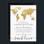 Black & Gold World Map Wedding Invitation<br><div class="desc">Black and Gold World Map travel theme destination wedding invitation with a moveable heart location and chic elegant typography. COMPLETE DESIGN CONTROL: Click "customise further" to move the heart, change any colour or font, or rearrange the whole thing and create your own design using our unique faux gold foil map...</div>