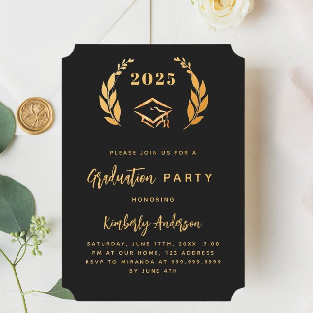 Black gold wreath 2025 luxury Graduation Party Invitation (Creator Uploaded)