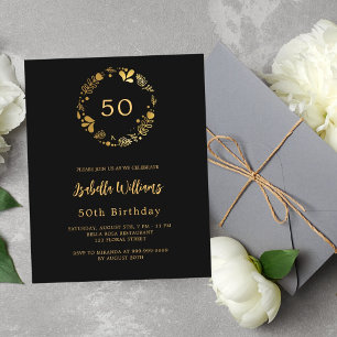Black gold wreath budget birthday invitation