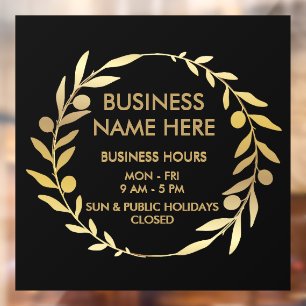 Black Gold Wreath Business Store Opening Hours Window Cling