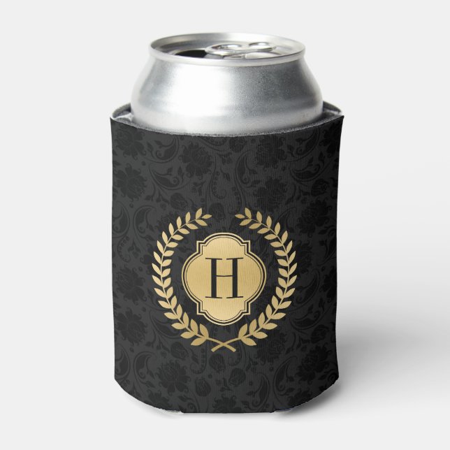 Black & Gold Wreath Crest Monogrammed Can Cooler (Can Front)