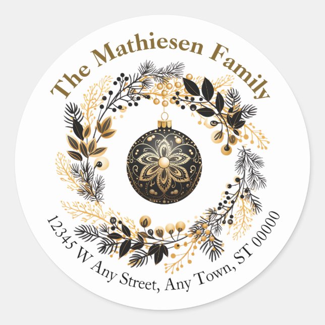 Black Gold Wreath Holiday Return Address Classic Round Sticker (Front)