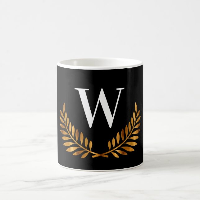 Black gold wreath monogram initial coffee mug (Center)