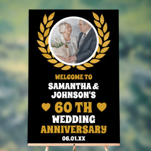 Black Gold Wreath Photo 60th Wedding Anniversary Acrylic Sign