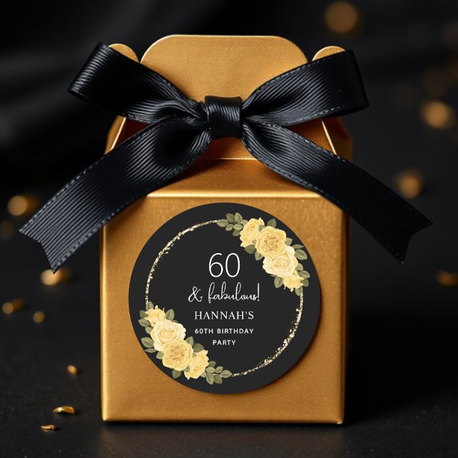Black Gold & Yellow Floral 60th Birthday Classic Round Sticker (Creator Uploaded)