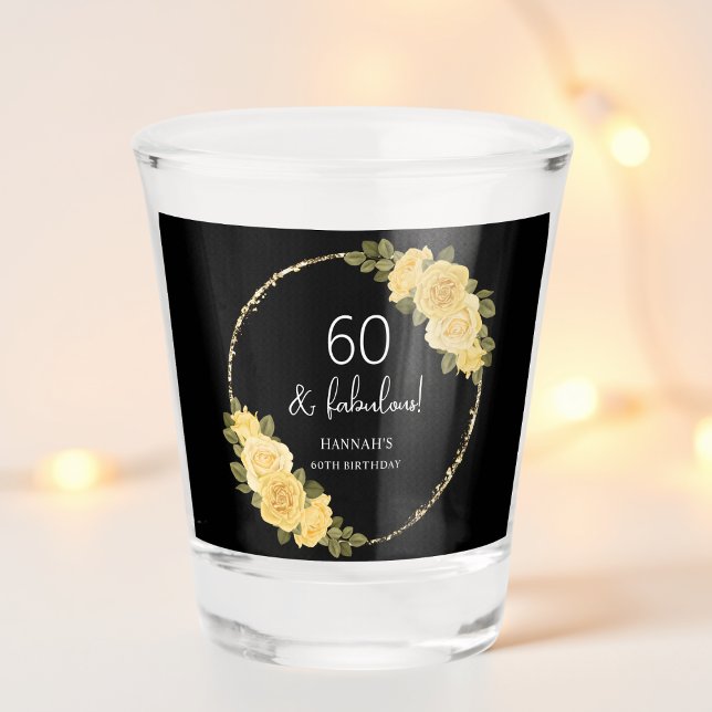 Black | Gold & Yellow Floral 60th Birthday Shot Glass (Creator Uploaded)
