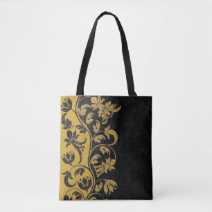 black gold yellow flowers leaves  tote bag