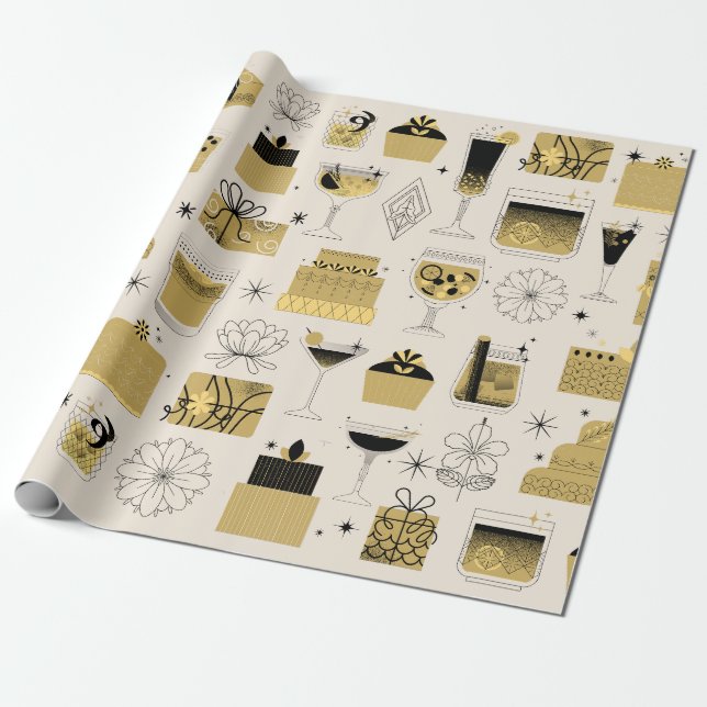 Black Gold Yellow Geometric Style in Birthday Wrapping Paper (Unrolled)