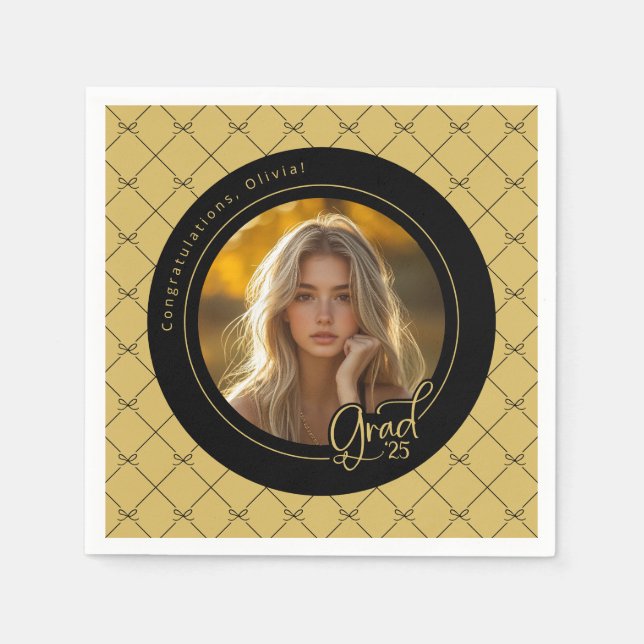 Black Gold Yellow Photo Graduation Party Paper Napkin (Front)