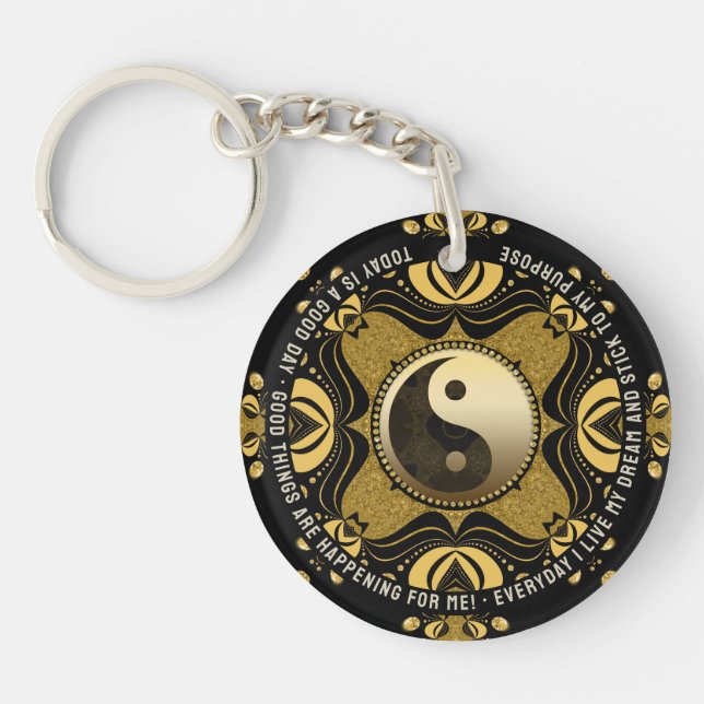 Black Gold Yin Yang Balance Affirmation Words Key Ring (Front)