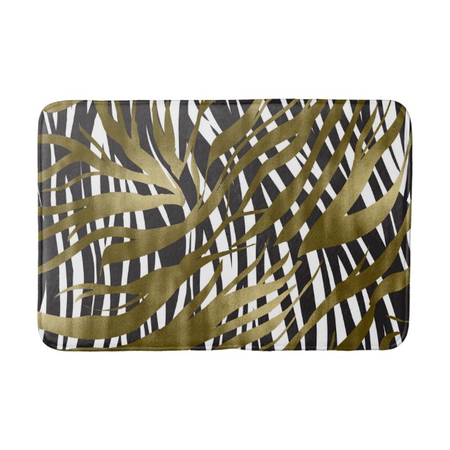 Black & Gold Zebra Print Safari Chic Glamour Bath Mat (Front)