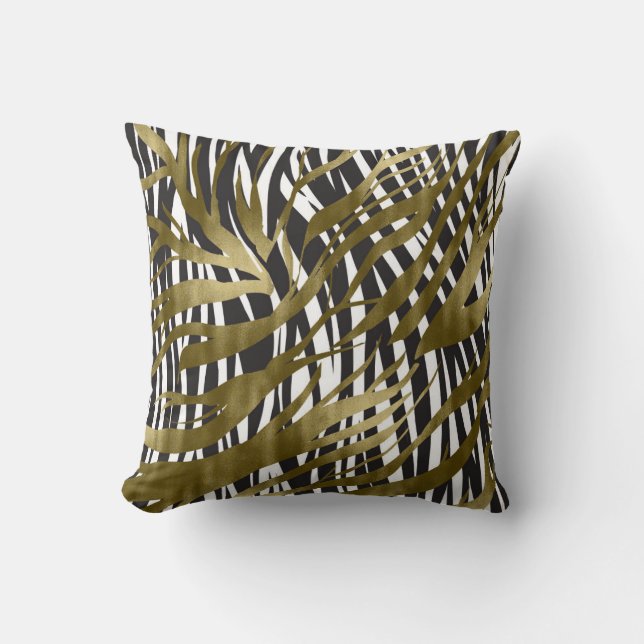 Black & Gold Zebra Print Safari Chic Glamour Cushion (Front)